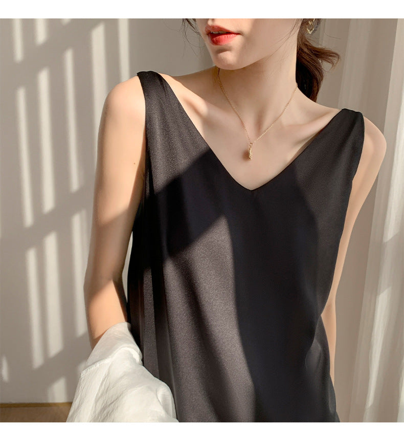Black V-Neck Vest Bottomed Top Pure Cotton