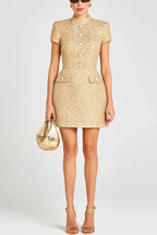 Gold Standard Tweed Fabric Pearl Button Short Sleeve Pocketed Mini Dress