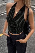 Elegant Stripe Halter Sleeveless Backless Draped Crop Top