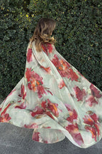 Sweet Story Pleated Chiffon Floral Print Detachable Cape Detail Maxi Dress