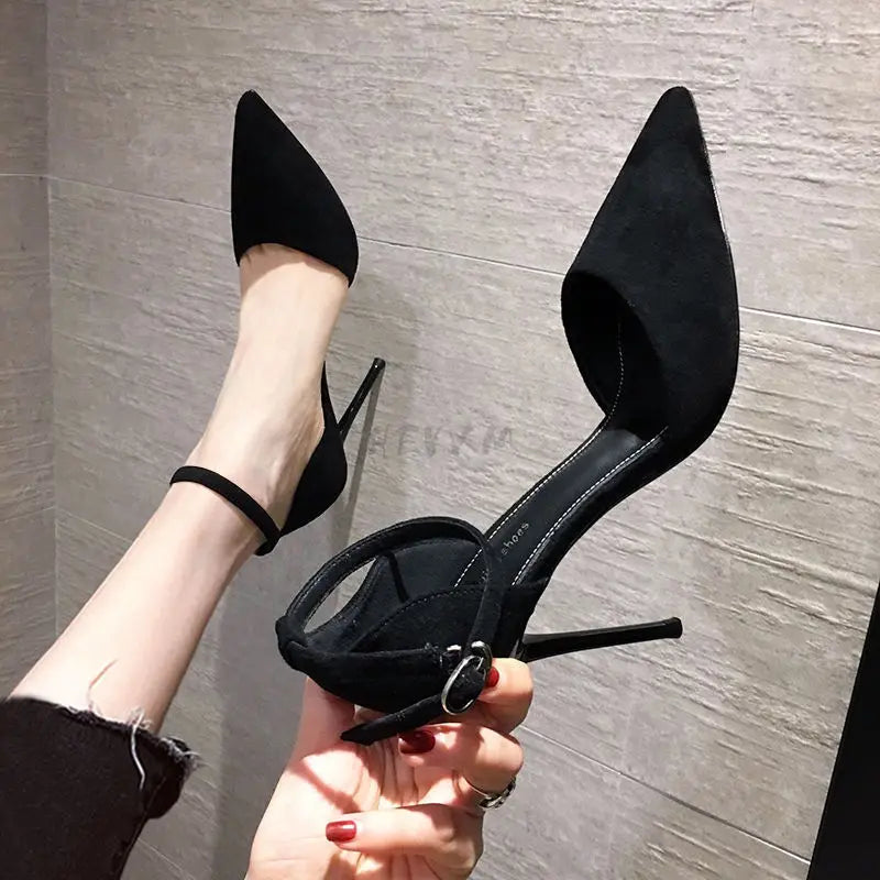 Black Highheeled Sandals Pointed Buckle AllMatch Single High Heel