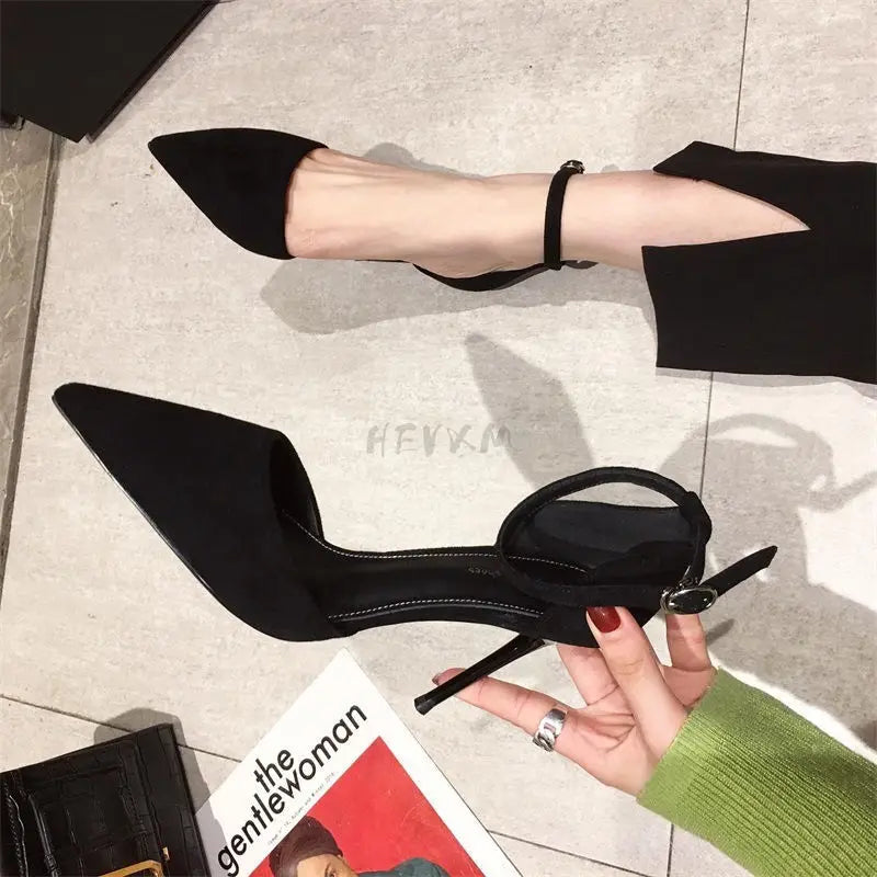 Black Highheeled Sandals Pointed Buckle AllMatch Single High Heel