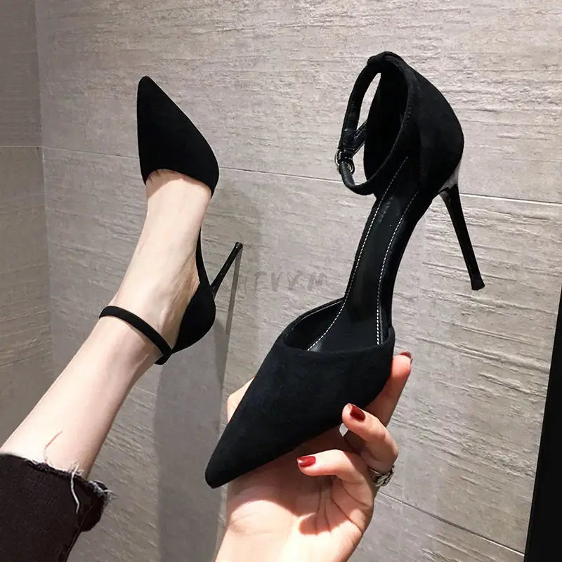 Black Highheeled Sandals Pointed Buckle AllMatch Single High Heel