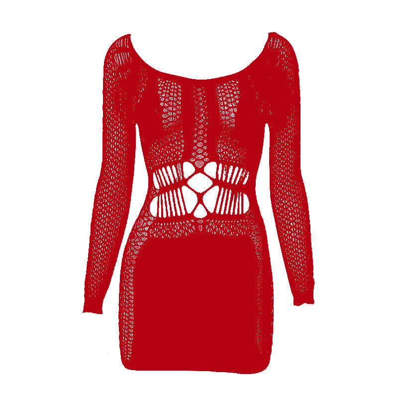Fishnet long sleeve hollow out see through mini dress