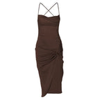 Sleeveless cross back cowl neck slit lace up self tie backless midi dress