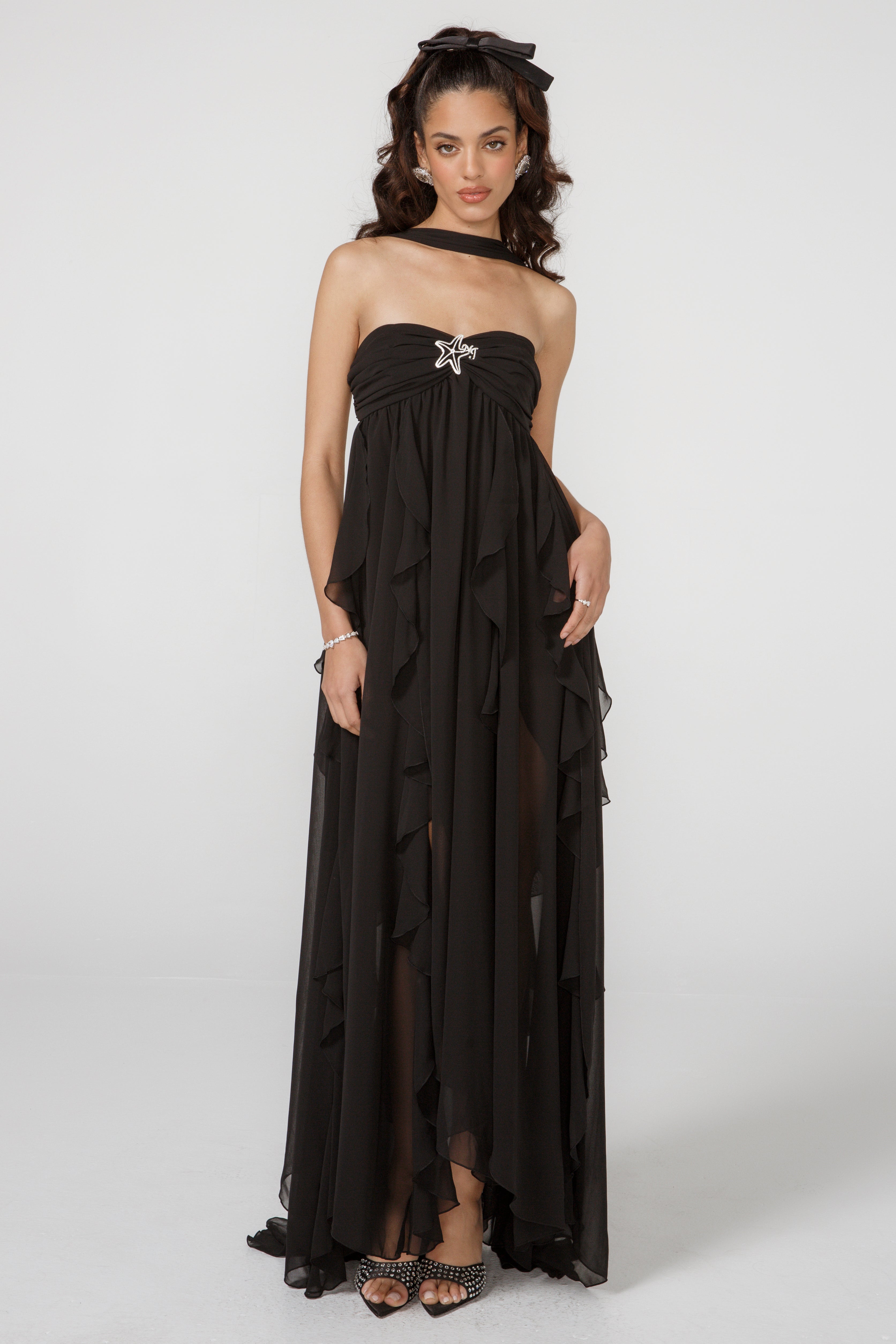 French halterneck chiffon dress