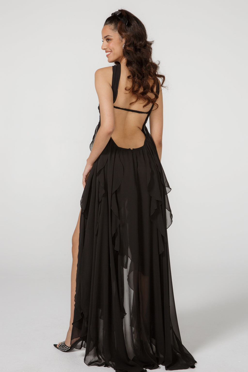 French halterneck chiffon dress