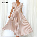 Delia Chic V Neck Maxi Dress with Pleats Designer Edit