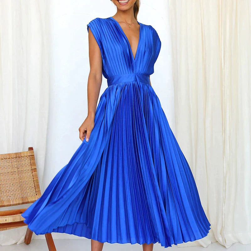 Delia Chic V Neck Maxi Dress with Pleats Designer Edit