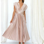 Delia Chic V Neck Maxi Dress with Pleats Designer Edit