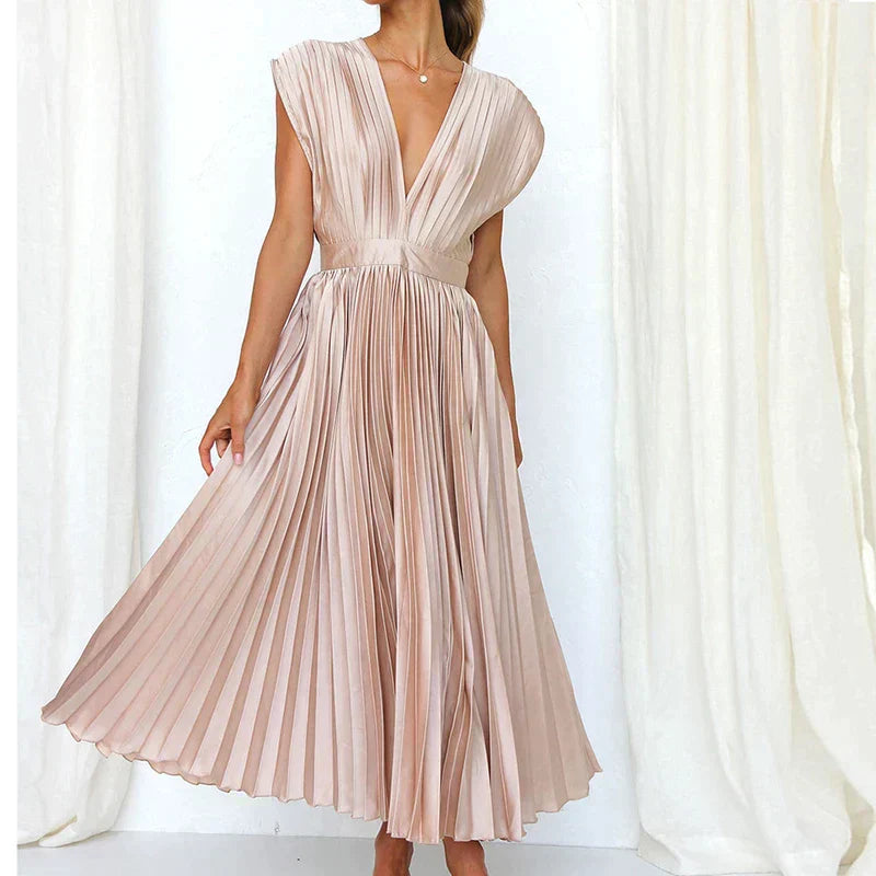 Delia Chic V Neck Maxi Dress with Pleats Designer Edit
