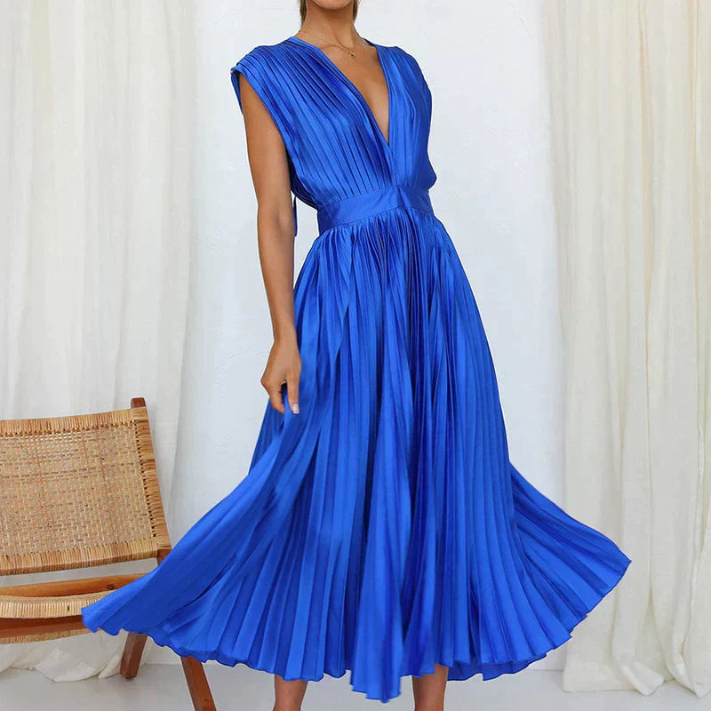 Delia Chic V Neck Maxi Dress with Pleats Designer Edit