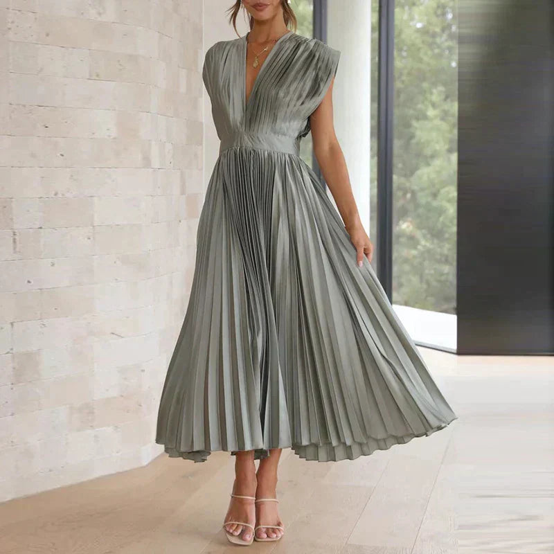 Delia Chic V Neck Maxi Dress with Pleats Designer Edit