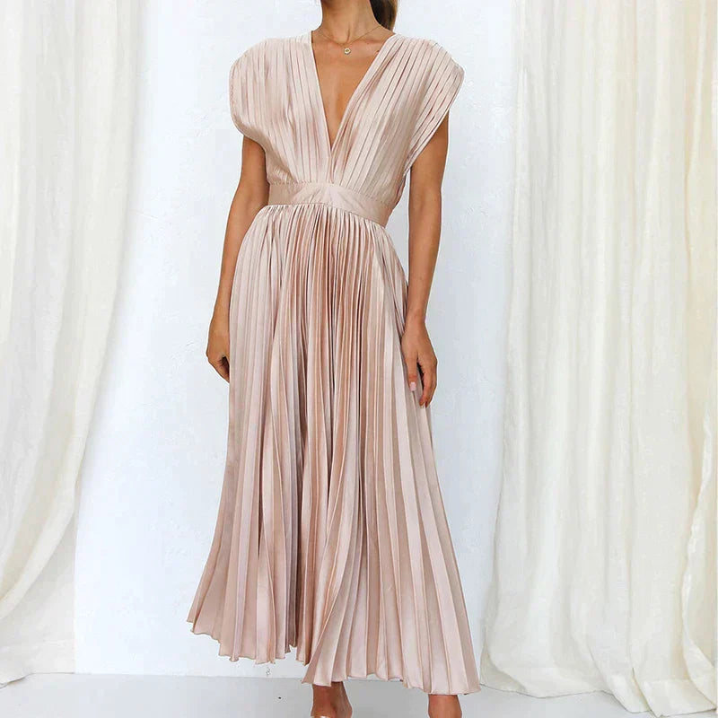 Delia Chic V Neck Maxi Dress with Pleats Designer Edit