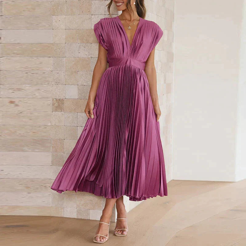 Delia Chic V Neck Maxi Dress with Pleats Designer Edit