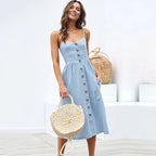 Button Open Back Red Casual Midi Dress