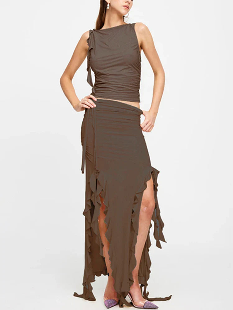 Fashion Party Ruffles Maxi Split Skirt
