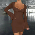 DressBetty - 2024 Stretchy Party Club Flare Long Sleeve Square Collar Midi Dress