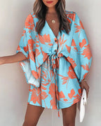 Casual Flora Print Batwing Sleeve LaceUp Dress