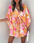 Casual Flora Print Batwing Sleeve LaceUp Dress