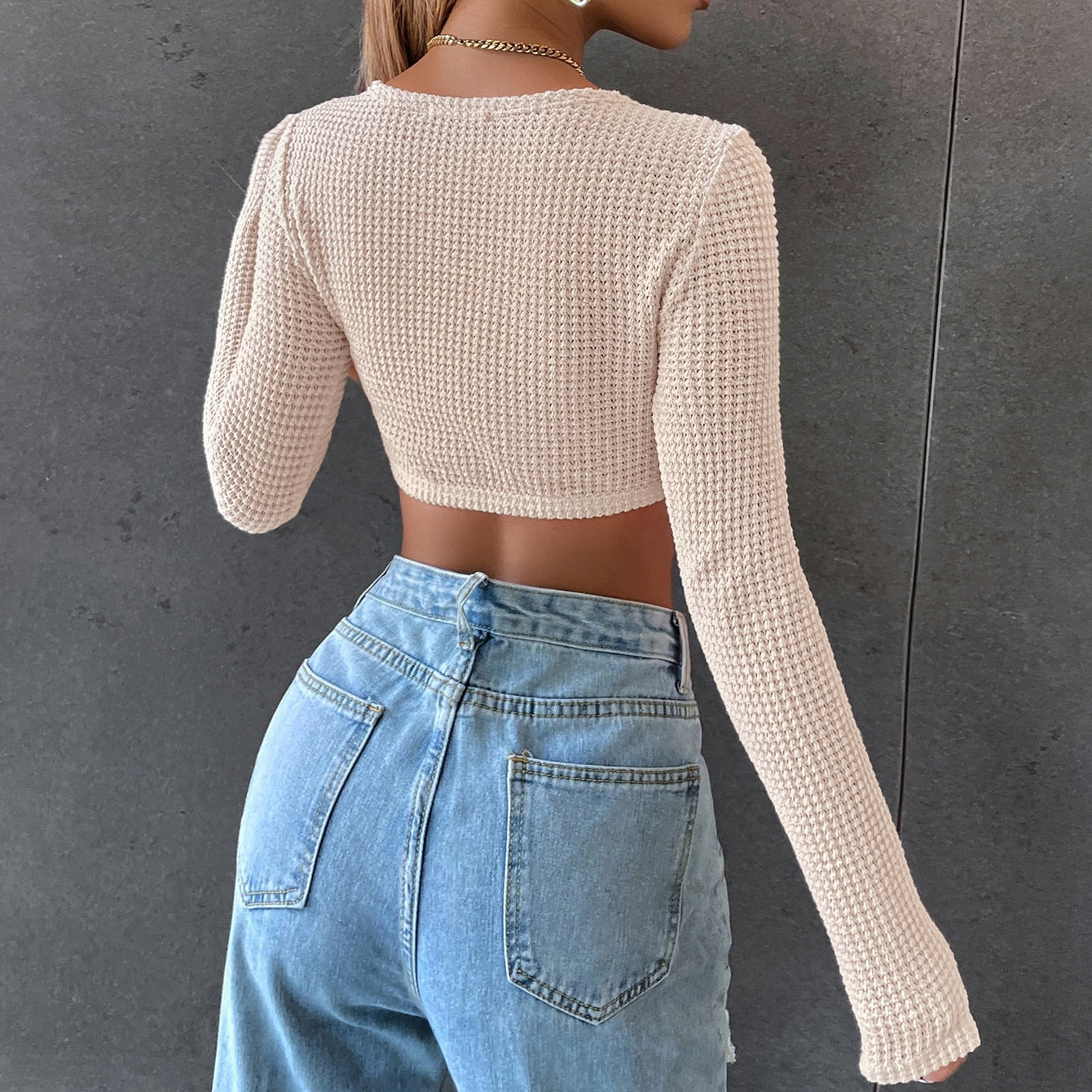 DressBetty - Long Sleeve Square Neck Knitted Crop Top Women Y2k Sexy T Shirts
