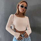 DressBetty - Long Sleeve Square Neck Knitted Crop Top Women Y2k Sexy T Shirts