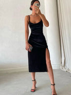 Elegant Evening Velvet Sleeveless Backless Club Midi Dresses