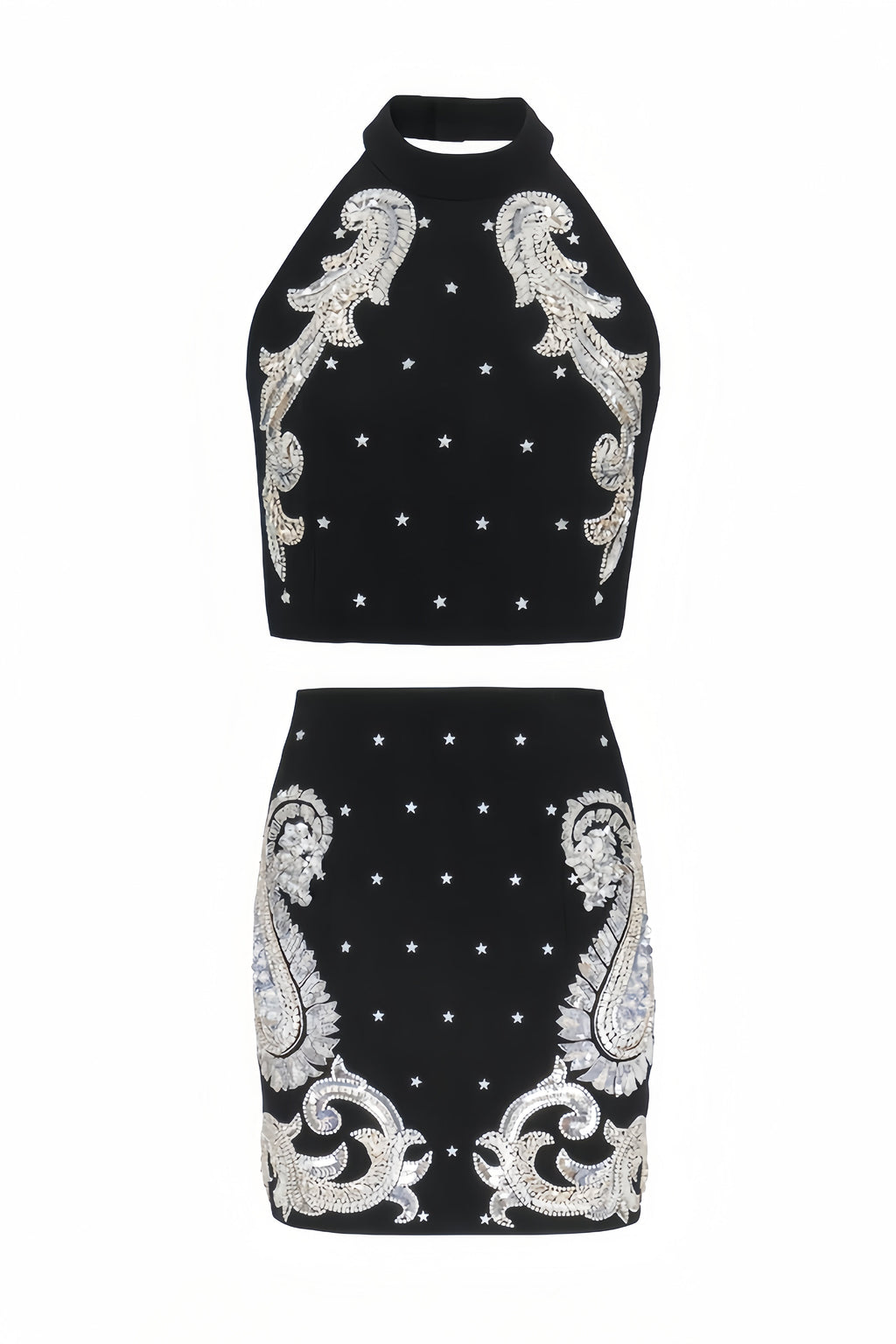 Pira Rhinestone Sequins Hanging Neck Skirt Set