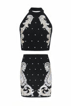 Pira Rhinestone Sequins Hanging Neck Skirt Set