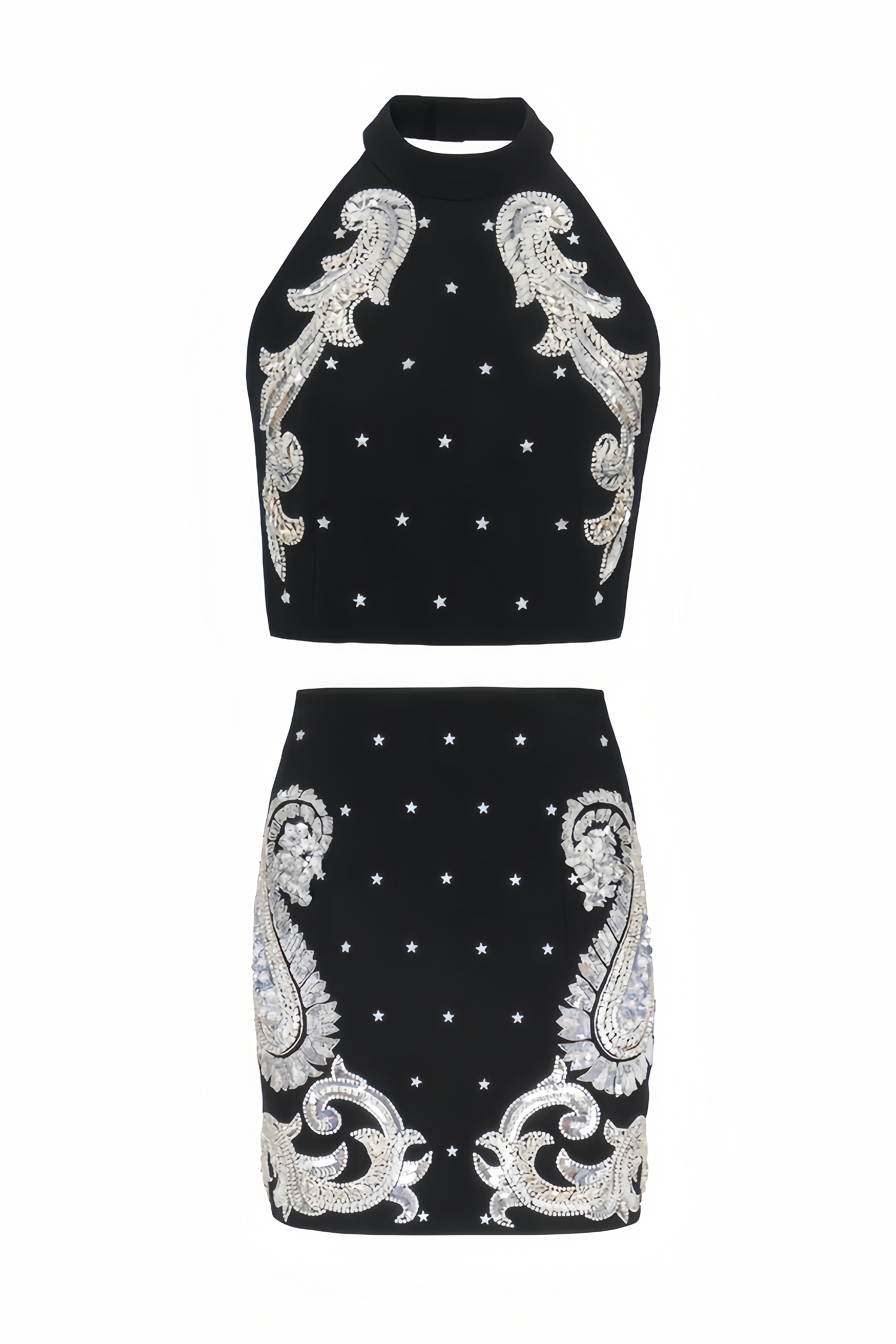 Pira Rhinestone Sequins Hanging Neck Skirt Set