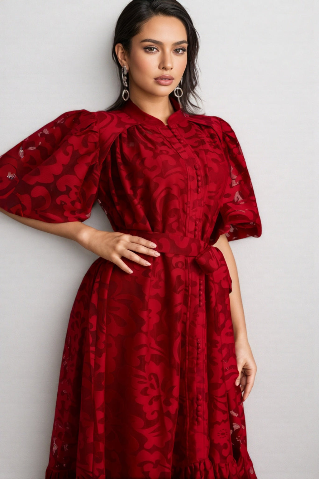 Kale Embroidered Lace Belted Midi Dress