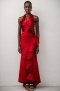 Caiusa Red 3D Floral Ruffle Maxi Dress