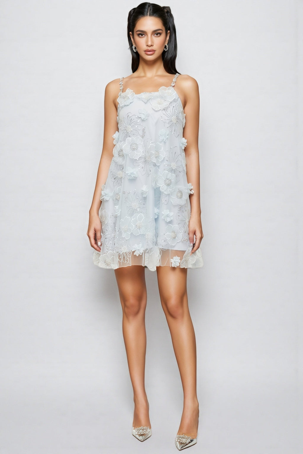 Marifd Blue Flower Sequin Mesh Mini Dress