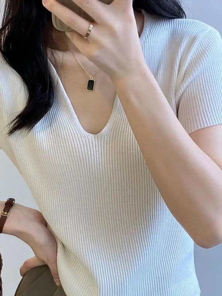 Basic Vneck Solid Summer Knitted Ribbed Slim Short Sweater