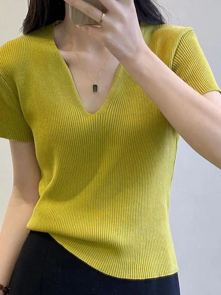 Basic Vneck Solid Summer Knitted Ribbed Slim Short Sweater