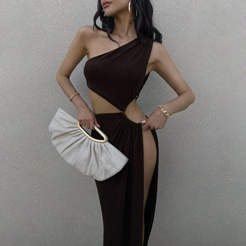Hollow Oblique Shoulder Midi Dress