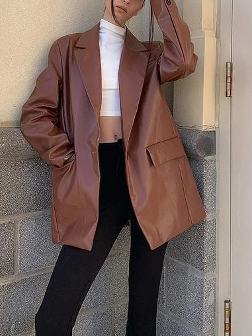 Autumn Winter Solid Long Sleeve Single Button Streetwear Casual Red Jacket