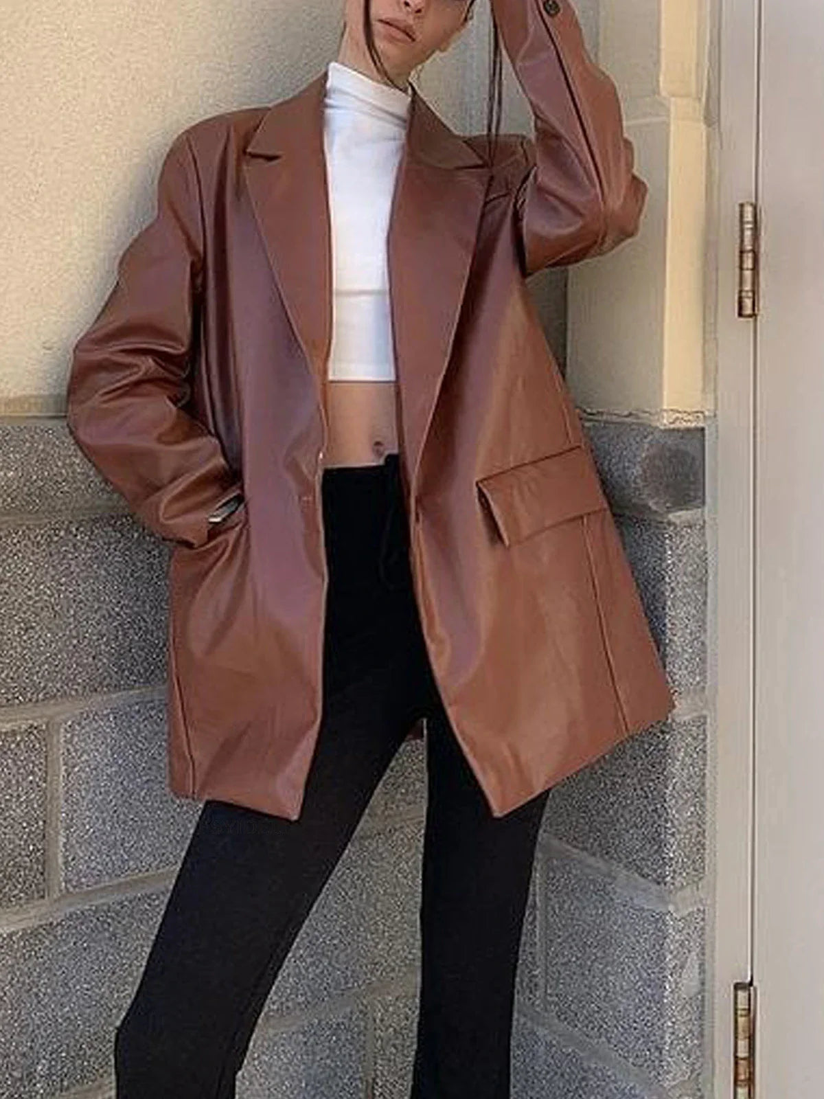 Autumn Winter Solid Long Sleeve Single Button Streetwear Casual Red Jacket