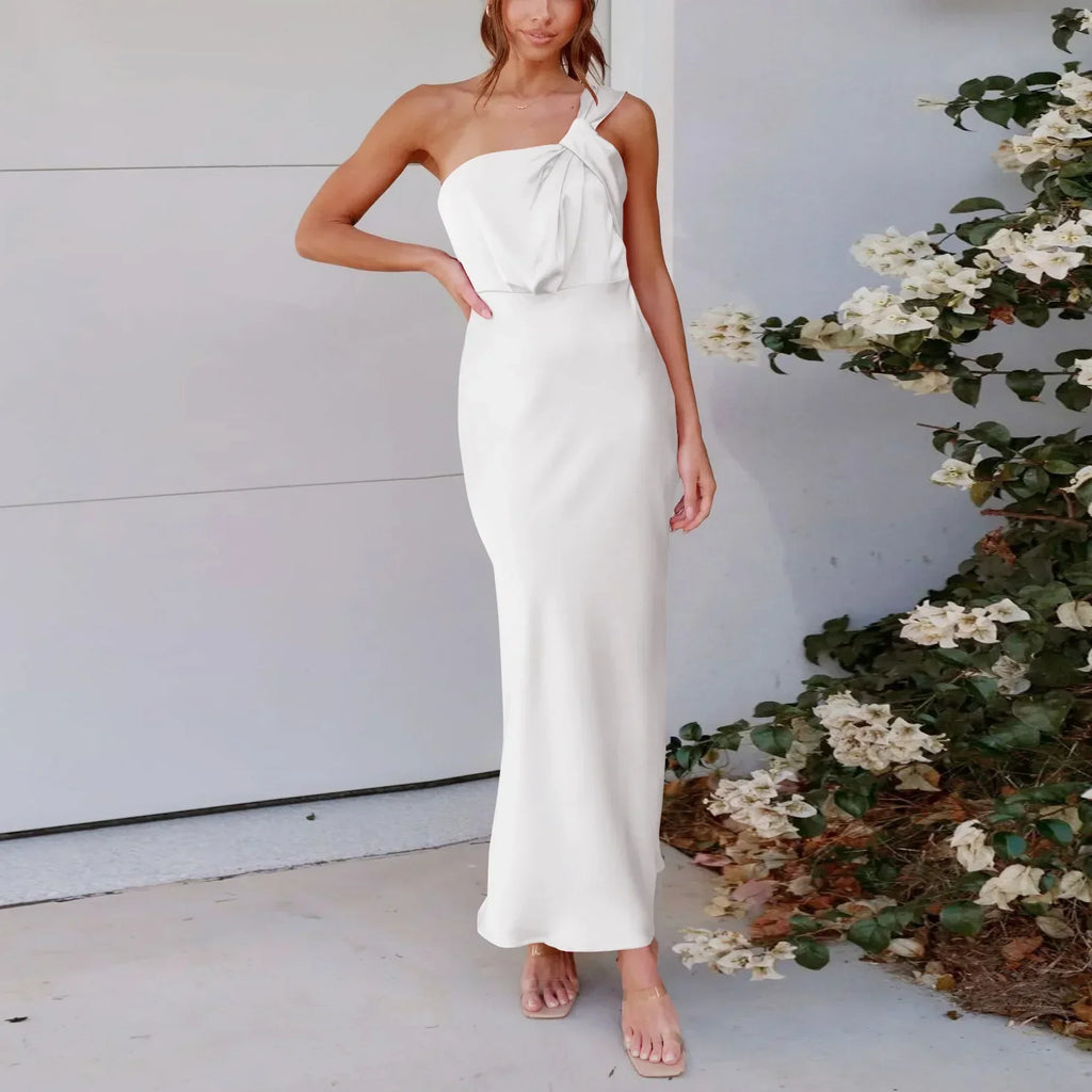 Elegant OneShoulder Satin French Slim Ladies Midi Dresses