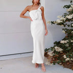 Elegant OneShoulder Satin French Slim Ladies Midi Dresses