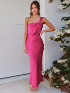 Elegant OneShoulder Satin French Slim Ladies Midi Dresses