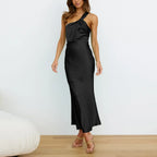 Elegant OneShoulder Satin French Slim Ladies Midi Dresses