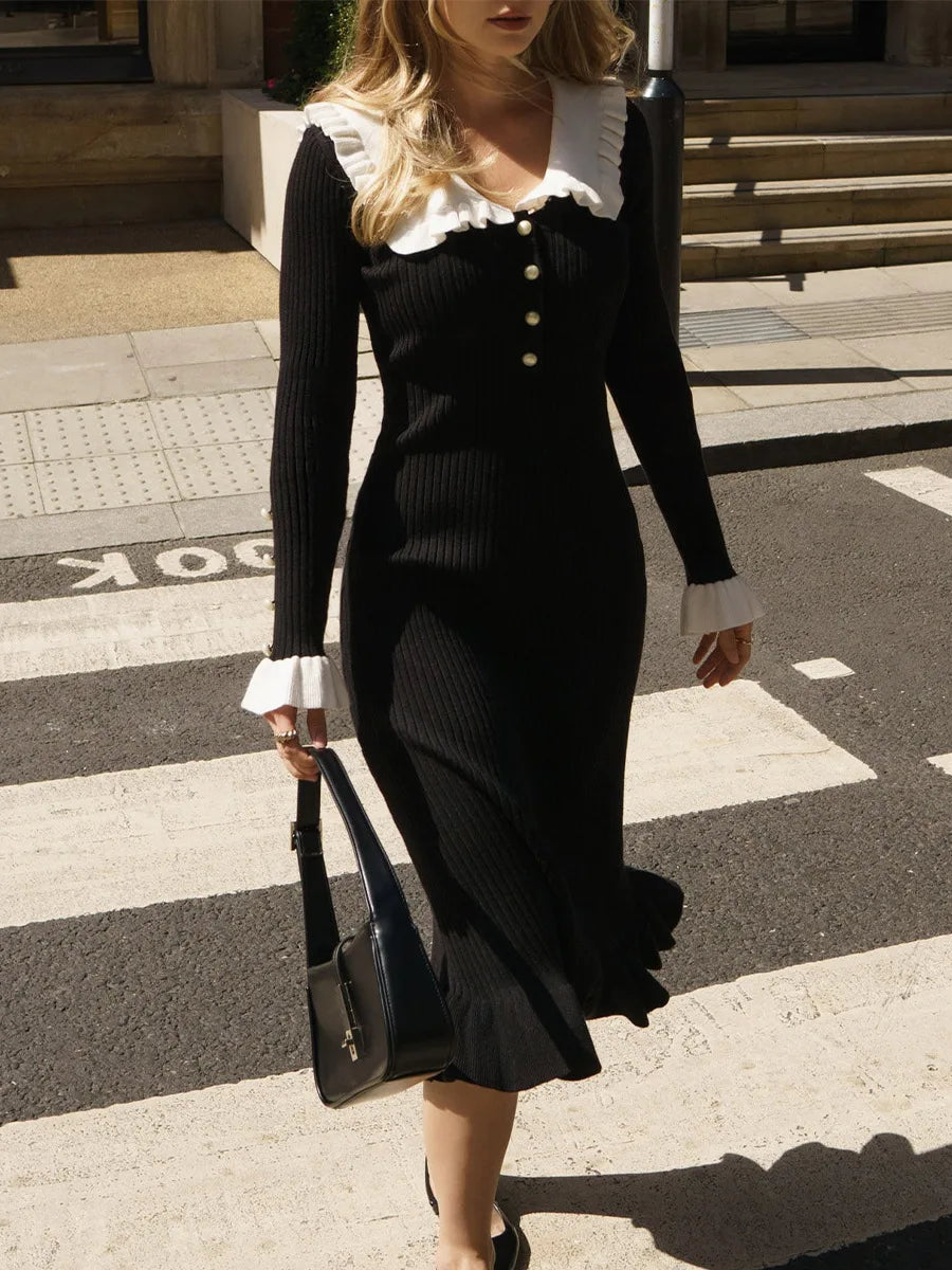 Button Ruffle Waist Midi Dress