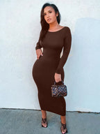 Backless Long Sleeve Brown Midi Dress