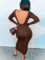 Backless Elegant Evening Club Birthday Brown Sleeve Midi Dresses