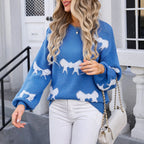 Oversize Bow Basic Print O-Neck White Thick Knitted Sweater