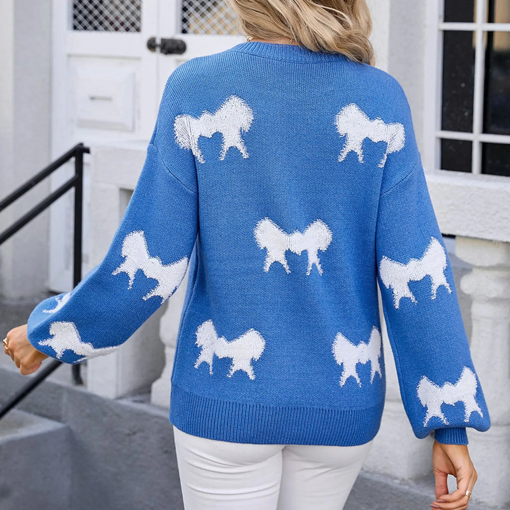 Oversize Bow Basic Print O-Neck White Thick Knitted Sweater