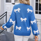 Oversize Bow Basic Print O-Neck White Thick Knitted Sweater