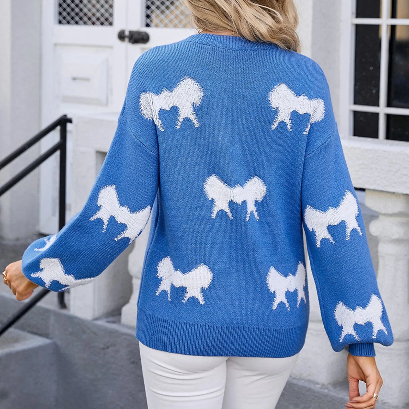 Oversize Bow Basic Print O-Neck White Thick Knitted Sweater
