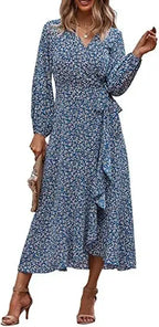 Floral Print Elegant Casual VNeck Sun Midi Dresses